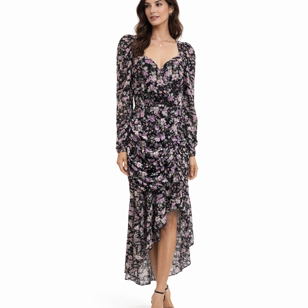 Floret Studios NWT Floral Long Sleeve Asymmetric Midi Dress - Black & Lavender
